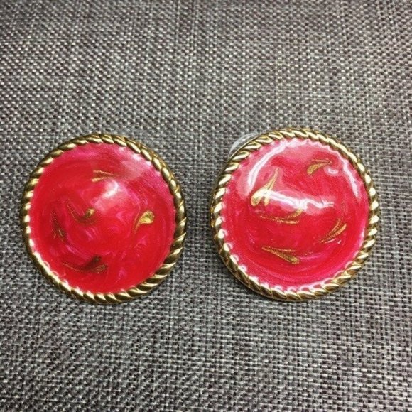 Retro Swirl Pierced Earrings Red Enamel Round Gold Rope Edge - Picture 2 of 4